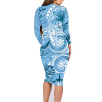 Polynesian Hibiscus Flower Tribal Family Matching Long Sleeve Bodycon Dress and Hawaiian Shirt Blue Color