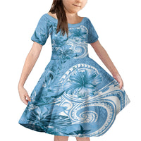 Polynesian Hibiscus Flower Tribal Family Matching Mermaid Dress and Hawaiian Shirt Blue Color
