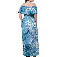 Polynesian Hibiscus Flower Tribal Family Matching Off Shoulder Maxi Dress and Hawaiian Shirt Blue Color