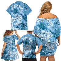 Polynesian Hibiscus Flower Tribal Family Matching Off Shoulder Short Dress and Hawaiian Shirt Blue Color