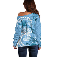 Polynesian Hibiscus Flower Tribal Off Shoulder Sweater Blue Color