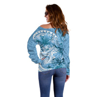 Polynesian Hibiscus Flower Tribal Off Shoulder Sweater Blue Color