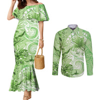 Polynesian Hibiscus Flower Tribal Couples Matching Mermaid Dress and Long Sleeve Button Shirt Lime Green Color LT9 Lime Green - Polynesian Pride