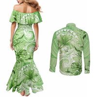 Polynesian Hibiscus Flower Tribal Couples Matching Mermaid Dress and Long Sleeve Button Shirt Lime Green Color LT9 - Polynesian Pride