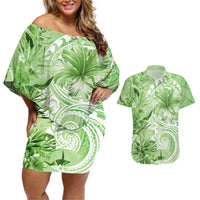 Polynesian Hibiscus Flower Tribal Couples Matching Off Shoulder Short Dress and Hawaiian Shirt Lime Green Color LT9 Lime Green - Polynesian Pride