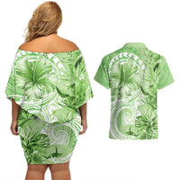 Polynesian Hibiscus Flower Tribal Couples Matching Off Shoulder Short Dress and Hawaiian Shirt Lime Green Color LT9 - Polynesian Pride