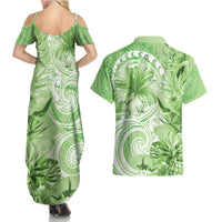 Polynesian Hibiscus Flower Tribal Couples Matching Summer Maxi Dress and Hawaiian Shirt Lime Green Color LT9 - Polynesian Pride