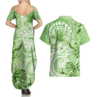 Polynesian Hibiscus Flower Tribal Couples Matching Summer Maxi Dress and Hawaiian Shirt Lime Green Color