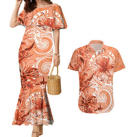 Polynesian Hibiscus Flower Tribal Couples Matching Mermaid Dress and Hawaiian Shirt Peach Color LT9 Peach - Polynesian Pride