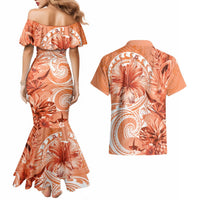 Polynesian Hibiscus Flower Tribal Couples Matching Mermaid Dress and Hawaiian Shirt Peach Color LT9 - Polynesian Pride