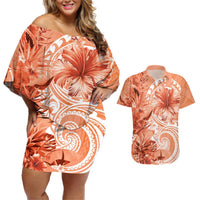 Polynesian Hibiscus Flower Tribal Couples Matching Off Shoulder Short Dress and Hawaiian Shirt Peach Color LT9 Peach - Polynesian Pride