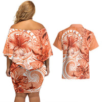 Polynesian Hibiscus Flower Tribal Couples Matching Off Shoulder Short Dress and Hawaiian Shirt Peach Color LT9 - Polynesian Pride