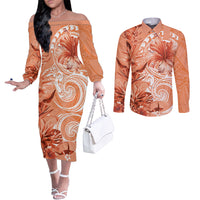 Polynesian Hibiscus Flower Tribal Couples Matching Off The Shoulder Long Sleeve Dress and Long Sleeve Button Shirt Peach Color