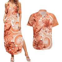 Polynesian Hibiscus Flower Tribal Couples Matching Summer Maxi Dress and Hawaiian Shirt Peach Color LT9 Peach - Polynesian Pride