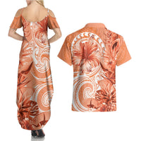 Polynesian Hibiscus Flower Tribal Couples Matching Summer Maxi Dress and Hawaiian Shirt Peach Color LT9 - Polynesian Pride