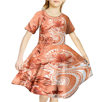 Polynesian Hibiscus Flower Tribal Kid Short Sleeve Dress Peach Color