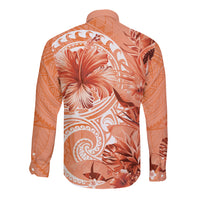 Polynesian Hibiscus Flower Tribal Long Sleeve Button Shirt Peach Color