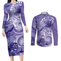 Polynesian Hibiscus Flower Tribal Couples Matching Long Sleeve Bodycon Dress and Long Sleeve Button Shirt Violet Color