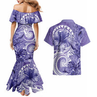 Polynesian Hibiscus Flower Tribal Couples Matching Mermaid Dress and Hawaiian Shirt Violet Color LT9 - Polynesian Pride