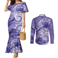Polynesian Hibiscus Flower Tribal Couples Matching Mermaid Dress and Long Sleeve Button Shirt Violet Color LT9 Violet - Polynesian Pride