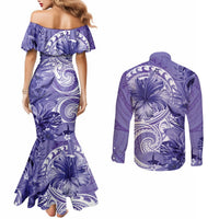 Polynesian Hibiscus Flower Tribal Couples Matching Mermaid Dress and Long Sleeve Button Shirt Violet Color LT9 - Polynesian Pride