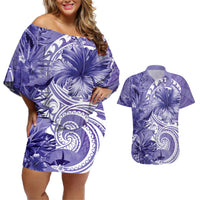 Polynesian Hibiscus Flower Tribal Couples Matching Off Shoulder Short Dress and Hawaiian Shirt Violet Color LT9 Violet - Polynesian Pride