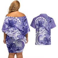 Polynesian Hibiscus Flower Tribal Couples Matching Off Shoulder Short Dress and Hawaiian Shirt Violet Color LT9 - Polynesian Pride