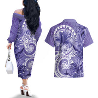 Polynesian Hibiscus Flower Tribal Couples Matching Off The Shoulder Long Sleeve Dress and Hawaiian Shirt Violet Color