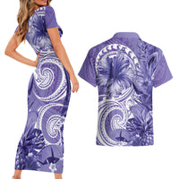 Polynesian Hibiscus Flower Tribal Couples Matching Short Sleeve Bodycon Dress and Hawaiian Shirt Violet Color LT9 - Polynesian Pride