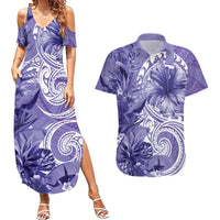 Polynesian Hibiscus Flower Tribal Couples Matching Summer Maxi Dress and Hawaiian Shirt Violet Color LT9 Violet - Polynesian Pride