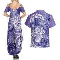 Polynesian Hibiscus Flower Tribal Couples Matching Summer Maxi Dress and Hawaiian Shirt Violet Color LT9 - Polynesian Pride