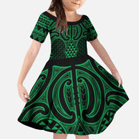 Kakariki Maori Ta Moko Poutama Art Family Matching Mermaid Dress and Hawaiian Shirt LT9 Daughter's Dress Green - Polynesian Pride