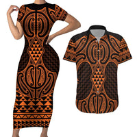Karaka Maori Ta Moko Poutama Art Couples Matching Short Sleeve Bodycon Dress and Hawaiian Shirt LT9 Gold - Polynesian Pride