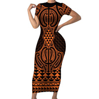 Karaka Maori Ta Moko Poutama Art Family Matching Short Sleeve Bodycon Dress and Hawaiian Shirt LT9 Mom's Dress Gold - Polynesian Pride