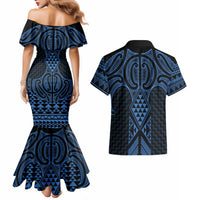 Kikorangi Maori Ta Moko Poutama Art Couples Matching Mermaid Dress and Hawaiian Shirt LT9 - Polynesian Pride