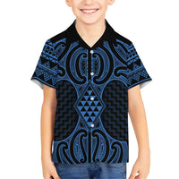 Kikorangi Maori Ta Moko Poutama Art Family Matching Short Sleeve Bodycon Dress and Hawaiian Shirt LT9 Son's Shirt Blue - Polynesian Pride