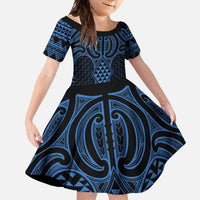 Kikorangi Maori Ta Moko Poutama Art Family Matching Summer Maxi Dress and Hawaiian Shirt LT9 Daughter's Dress Blue - Polynesian Pride