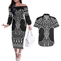 Ma Maori Ta Moko Poutama Art Couples Matching Off The Shoulder Long Sleeve Dress and Hawaiian Shirt LT9 White - Polynesian Pride