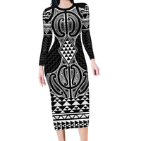Ma Maori Ta Moko Poutama Art Long Sleeve Bodycon Dress LT9 Long Dress White - Polynesian Pride
