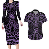 Waiporoporo Maori Ta Moko Poutama Art Couples Matching Long Sleeve Bodycon Dress and Hawaiian Shirt LT9 Purple - Polynesian Pride