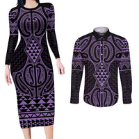 Waiporoporo Maori Ta Moko Poutama Art Couples Matching Long Sleeve Bodycon Dress and Long Sleeve Button Shirt LT9 Purple - Polynesian Pride