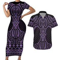 Waiporoporo Maori Ta Moko Poutama Art Couples Matching Short Sleeve Bodycon Dress and Hawaiian Shirt LT9 Purple - Polynesian Pride