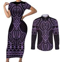 Waiporoporo Maori Ta Moko Poutama Art Couples Matching Short Sleeve Bodycon Dress and Long Sleeve Button Shirt LT9 Purple - Polynesian Pride