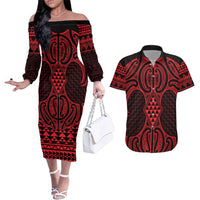 Whero Maori Ta Moko Poutama Art Couples Matching Off The Shoulder Long Sleeve Dress and Hawaiian Shirt LT9 Red - Polynesian Pride