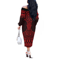 Whero Maori Ta Moko Poutama Art Off The Shoulder Long Sleeve Dress