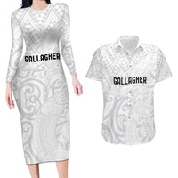 New Zealand Rangatira Custom Couples Matching Long Sleeve Bodycon Dress and Hawaiian Shirt All White Niho Taniwha Maori Tribal LT9 White - Polynesian Pride