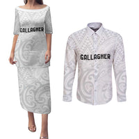 New Zealand Rangatira Custom Couples Matching Puletasi and Long Sleeve Button Shirt All White Niho Taniwha Maori Tribal