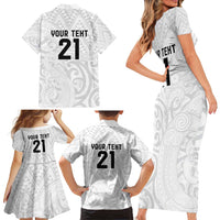 New Zealand Rangatira Custom Family Matching Short Sleeve Bodycon Dress and Hawaiian Shirt All White Niho Taniwha Maori Tribal