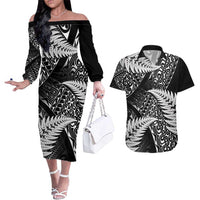 New Zealand Rugby Pacific Personalised Couples Matching Off The Shoulder Long Sleeve Dress and Hawaiian Shirt All Black Maori Pasifika Fern Pattern LT9 Black - Polynesian Pride