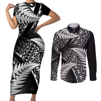 New Zealand Rugby Pacific Personalised Couples Matching Short Sleeve Bodycon Dress and Long Sleeve Button Shirt All Black Maori Pasifika Fern Pattern LT9 Black - Polynesian Pride